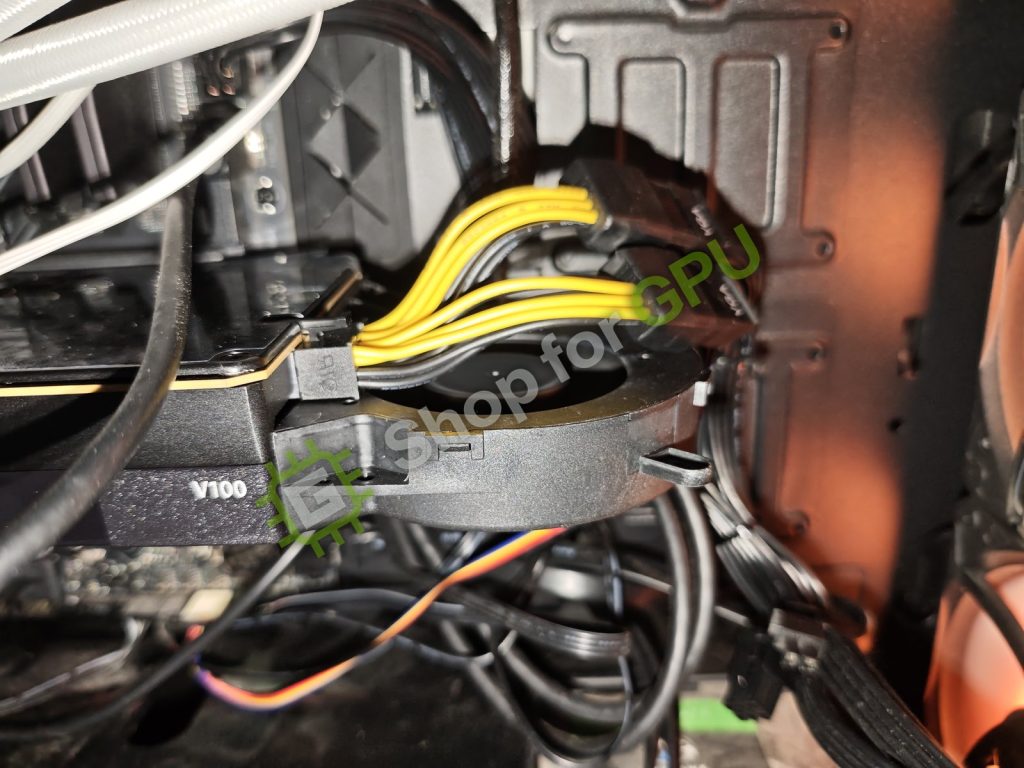 รูปสินค้าจริงจากร้าน Shop for GPU — การ์ด V100 ติดตั้งพัดลม ต่อไฟ PCIe 8-pin 2 หัว
